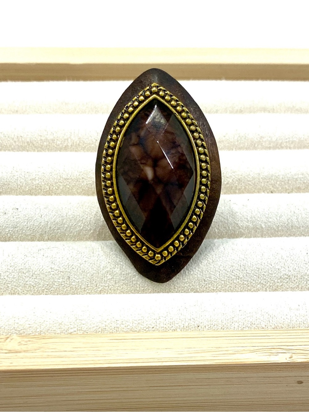 Vintage Brown Marquise Statement Ring with Gold Accent
